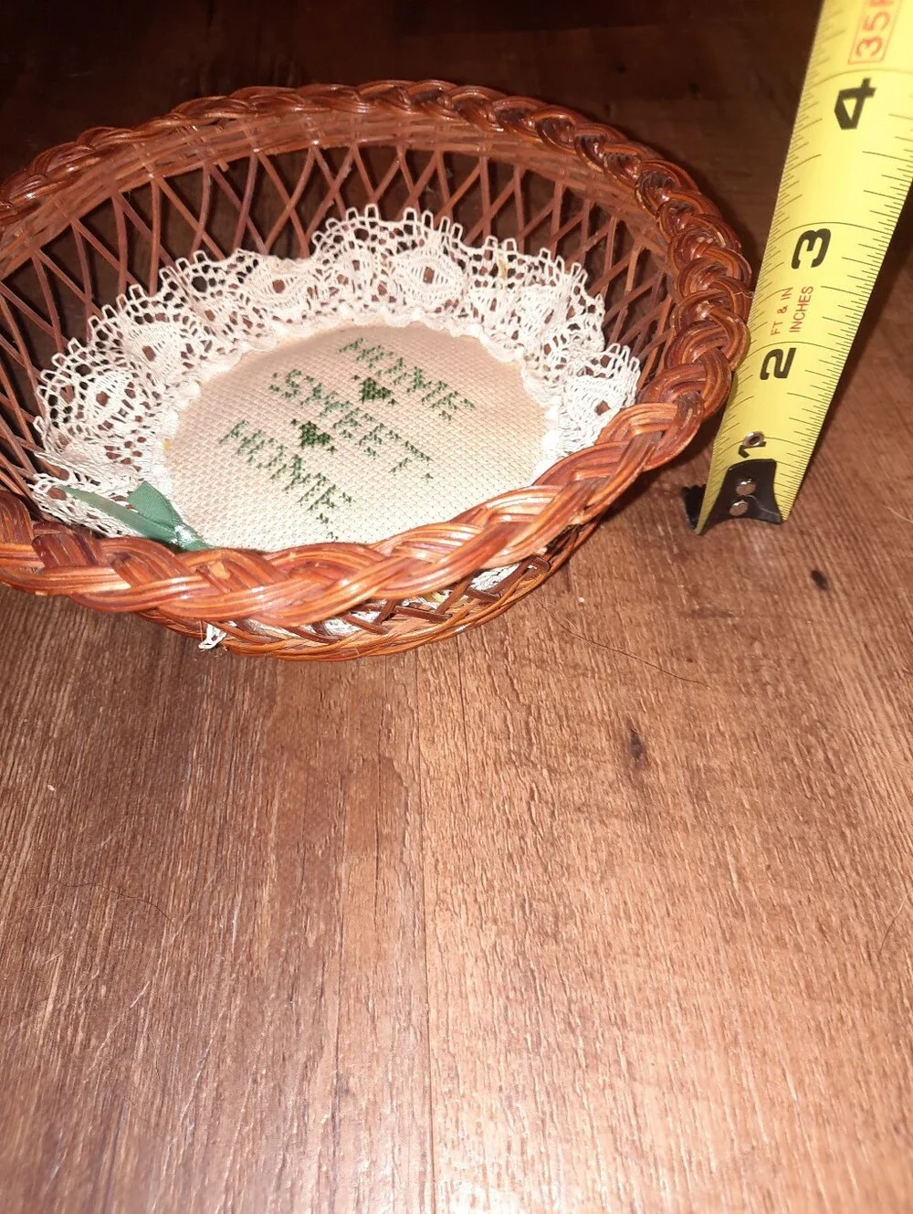 Woven Rattan Wall Basket with Lace Cross-Stitch 